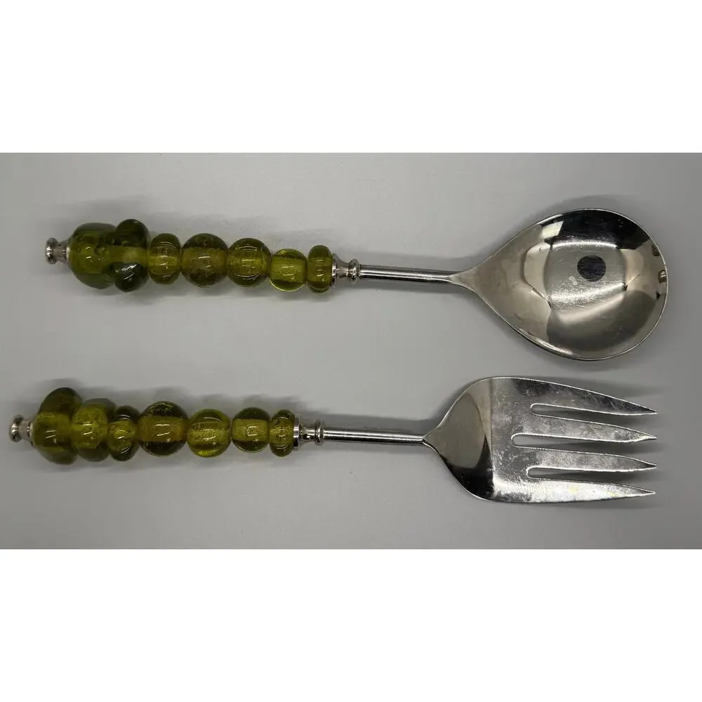 Serving Spoon And Fork Green Amber Color Glass Beaded Handle Set Of 2 Polished